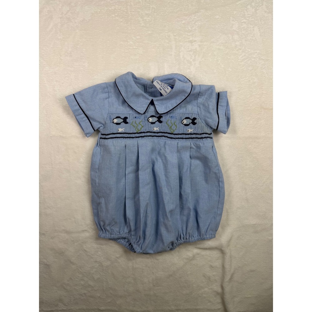 Carriage Boutiques Smocked Fish Romper 3M Blue Nautical Short Sleeve Baby Boy